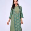 Green all-over printed straight-cut Kameez in Cotton-blend fabric. Features a band collar with hook closure at the front and three-quarter sleeves. Embellished with karchupi on the collar and placket. Detailed with decorative pin tucks at the top front.