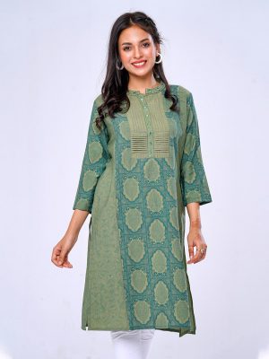 Green all-over printed straight-cut Kameez in Cotton-blend fabric. Features a band collar with hook closure at the front and three-quarter sleeves. Embellished with karchupi on the collar and placket. Detailed with decorative pin tucks at the top front.
