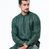 Green all-over printed semi-fitted Panjabi in Slab Viscose fabric. Designed with pin tucks on the collar and hidden button placket.