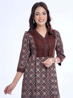 Chocolate all-over printed straight-cut Kameez in Georgette fabric. Features a V-neck with hook closure at the front and three-quarter sleeves. Detailed with embroidered net attachment at the top front. Embellished with swing stitched patch attachment at the neck and cuffs. Pleats from the waistline. Unlined.