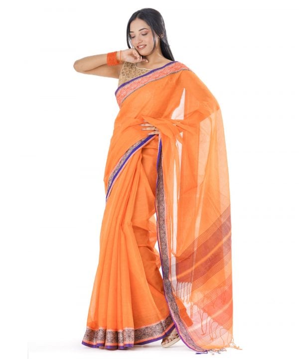 Orange Cotton Saree with matching thread woven paar.