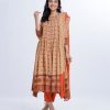 Brown all-over printed Salwar Kameez in Viscose fabric. The Kameez features a round neck and three-quarter sleeves. Designed with pin tucks detailed at the top front and gathers from the waistline. Embellished with karchupi at the top front, cuffs and hemline. Complemented by Viscose culottes pants and printed chiffon dupatta.