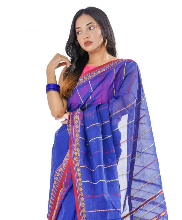 Blue Cotton Saree with matching paar. Designed with all-over thread work.