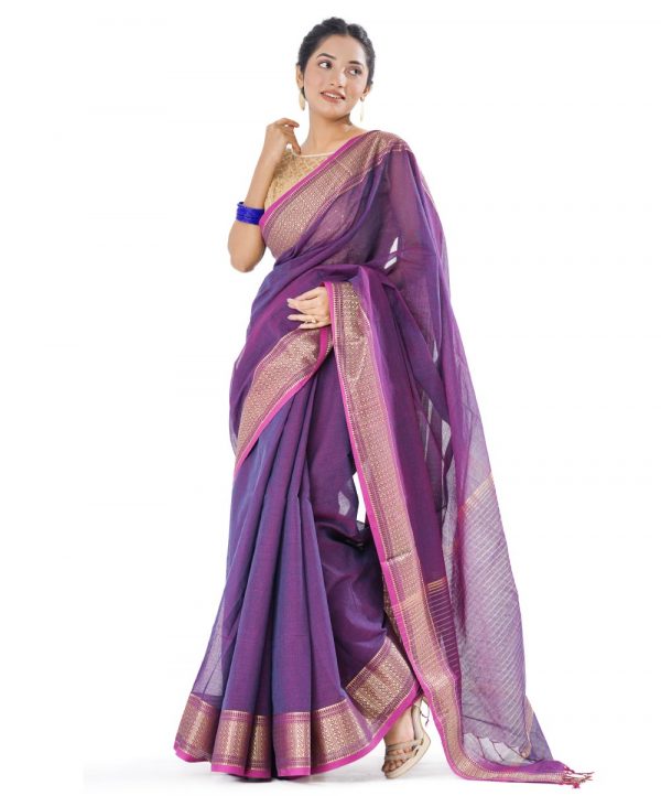 Purple Cotton Saree with contrast golden thread woven paar and achal.