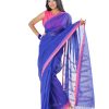 Blue Cotton Saree with pink borders. Designed with all-over thread work.