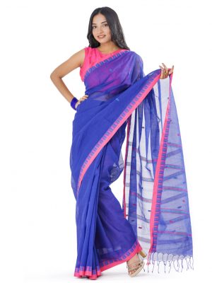 Blue Cotton Saree with pink borders. Designed with all-over thread work.