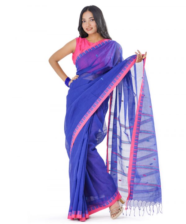 Blue Cotton Saree with pink borders. Designed with all-over thread work.