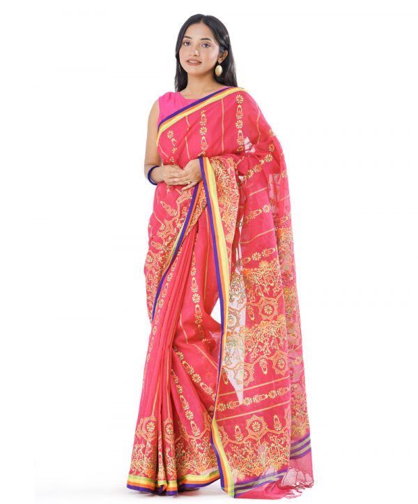 Magenta all-over printed Cotton Saree with multi-color border.