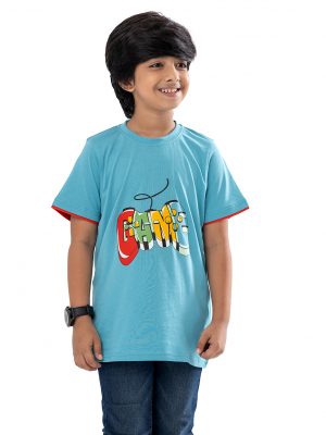 Sky Blue T-Shirt in Cotton single jersey fabric. Designed with a crew neck, short sleeves and print on the chest.