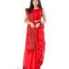Red Cotton Saree with contrast black thread woven paar.