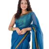 Peacock Blue Cotton Saree with contrast green paar and achal.