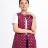 Burgundy all-over printed sleeveless Shrug in Viscose fabric with band neck.
