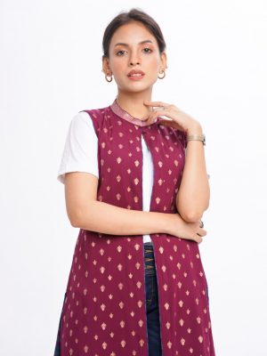 Burgundy all-over printed sleeveless Shrug in Viscose fabric with band neck.