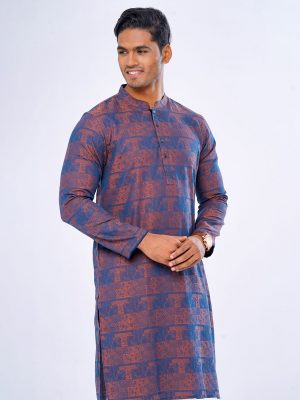 Blue fitted Panjabi in Jacquard Cotton fabric. Matching metal button opening on the chest.