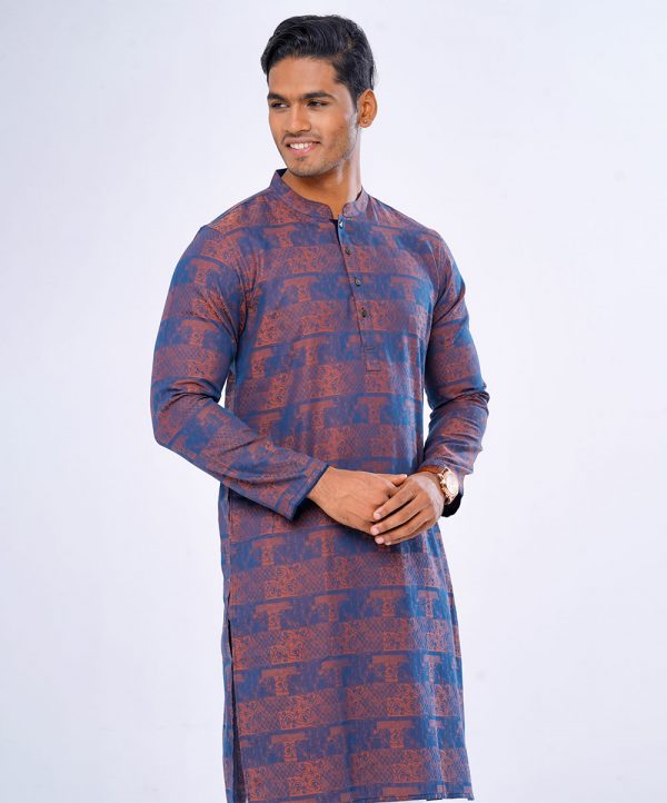 Blue fitted Panjabi in Jacquard Cotton fabric. Matching metal button opening on the chest.