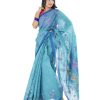 Blue tant Cotton Saree with matching borders. Designed with all-over thread work.