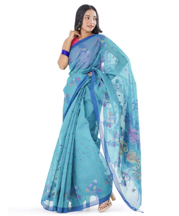 Blue tant Cotton Saree with matching borders. Designed with all-over thread work.