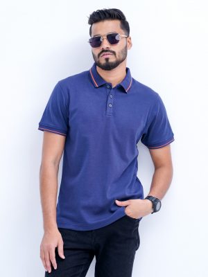 Blue Polo Shirt in Cotton knit fabric. Designed with a classic collar and short sleeves. Contrast tipping at collar and cuffs.