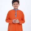 Orange Panjabi in Viscose fabric. Designed with a mandarin collar and hidden button placket.