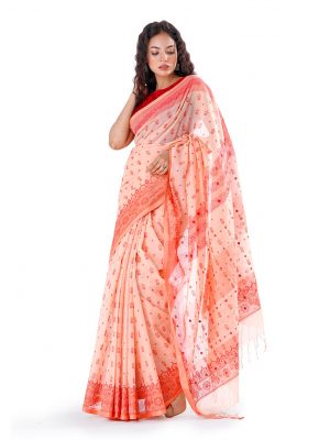 Orange all-over printed Cotton Saree with beautiful karchupin on the achal.