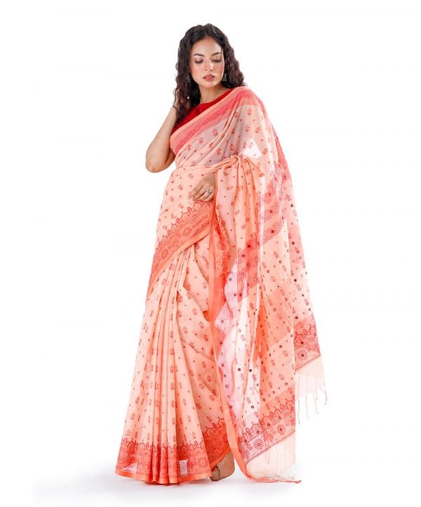 Orange all-over printed Cotton Saree with beautiful karchupin on the achal.