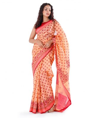 Orange all-over printed Cotton Saree with beautiful borders. Embellished with karchupi on the achal.