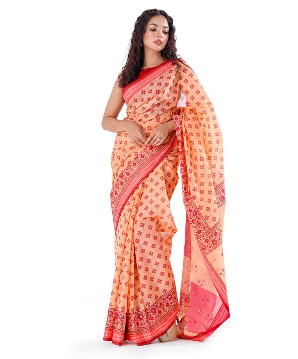 Orange all-over printed Cotton Saree with beautiful borders. Embellished with karchupi on the achal.