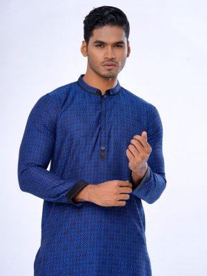 Blue fitted Panjabi in Jacquard Cotton fabric. Designed with a mandarin collar and hidden button placket.