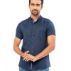 Navy Blue casual shirt in Ramie Cotton fabric. Designed with a mandarin collar, short sleeves and a chest pocket.