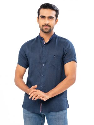 Navy Blue casual shirt in Ramie Cotton fabric. Designed with a mandarin collar, short sleeves and a chest pocket.