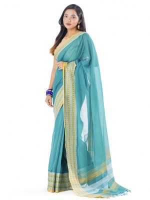 Sea Green Cotton Saree with contrast yellow thread woven paar.