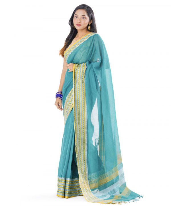 Sea Green Cotton Saree with contrast yellow thread woven paar.