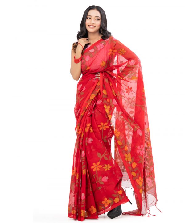 Red Cotton Saree with matching borders. Designed with all-over multi-color thread work.