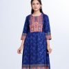 Blue all-over printed A-line Tunic in Georgette fabric. Designed with a round neck and three-quarter sleeves. Embellished with embroidery and net attachment at the top front. Pleats from the waistline.