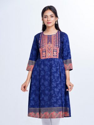 Blue all-over printed A-line Tunic in Georgette fabric. Designed with a round neck and three-quarter sleeves. Embellished with embroidery and net attachment at the top front. Pleats from the waistline.
