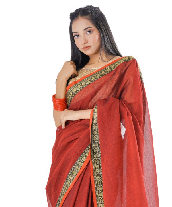 Red Cotton Saree with black paar.