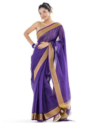Purple Cotton Saree with contrast golden thread woven paar.