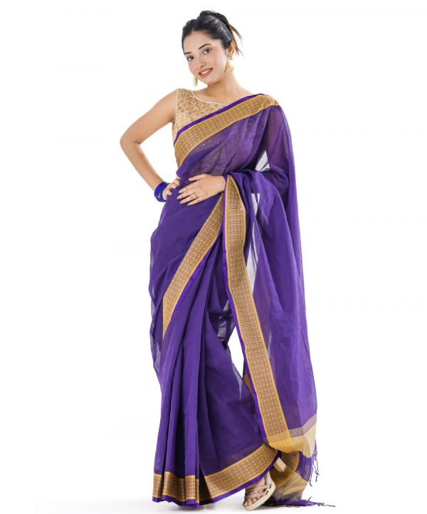 Purple Cotton Saree with contrast golden thread woven paar.