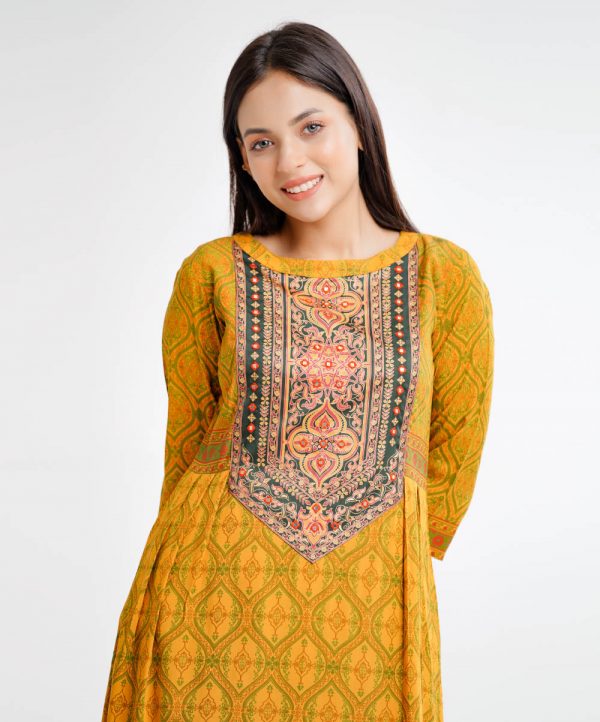 Yellow all-over printed long Tunic in Viscose fabric. Designed with a boat neck and three-quarter sleeves. Embellished with karchupi and patch attachment at the top front. Plates from the waistline and elongated hemline. Single button opening at the back.