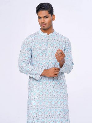 White semi-fitted all-over printed Panjabi in Viscose fabric. Designed with a mandarin collar and matching metal button on the placket.