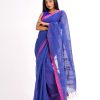 Blue half-silk Saree with contrast pink borders. Embellished with all-over thread work.