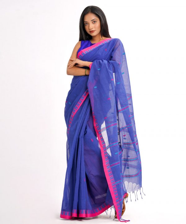 Blue half-silk Saree with contrast pink borders. Embellished with all-over thread work.