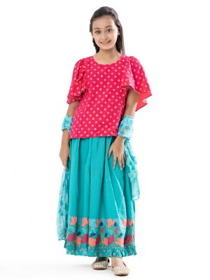 Magenta and Turquoise all-over printed Ghagra-choli set in Viscose fabric. The top is designed with a round neck and butterfly sleeves. Embellished embroidery at the top front. Button opening at the back. Paired with the gathered skirt with a concealed elasticated waistline. Spliced gather hemline. Complemented with tie-dye chiffon dupatta.