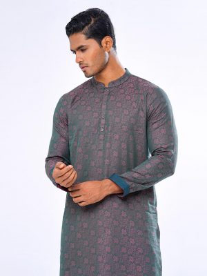 Green fitted Panjabi in Jacquard Cotton fabric. Matching metal button opening on the chest.