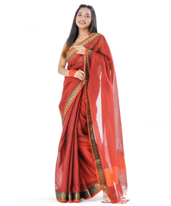 Red Cotton Saree with black paar.