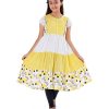White and Yellow tiered pattern frock in Viscose fabric. Designed with a princess line cut and sew at the top front, cap sleeves and a round neck.