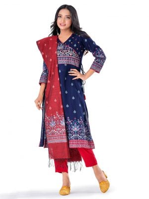Blue and Red all-over printed retro-wrap style salwar kameez in Georgette and Viscose fabric. The Georgette Kameez is designed with a V-neck and three-quarter sleeves. Tasseled tie-cord closing at the front. Embellished with karchupi at the top front. Complemented by Viscose culottes pants and half-silk dupatta.