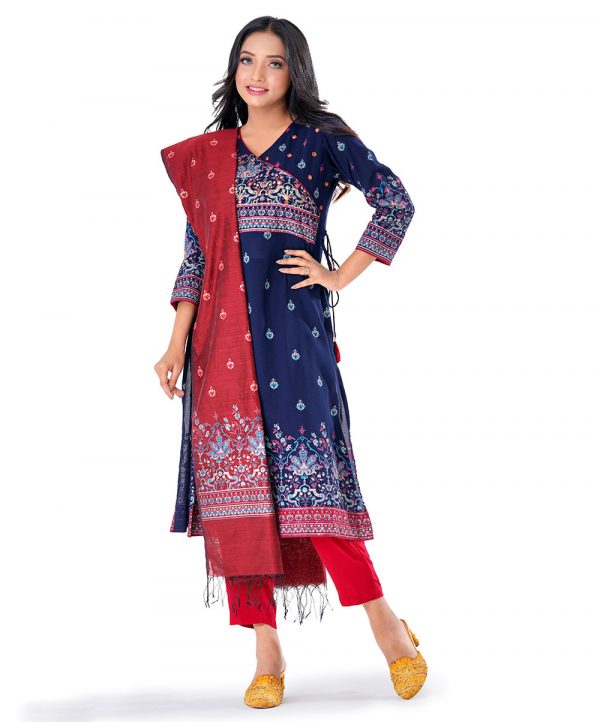 Blue and Red all-over printed retro-wrap style salwar kameez in Georgette and Viscose fabric. The Georgette Kameez is designed with a V-neck and three-quarter sleeves. Tasseled tie-cord closing at the front. Embellished with karchupi at the top front. Complemented by Viscose culottes pants and half-silk dupatta.