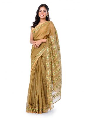 Olive Green all-over printed Saree in Cotton fabric with matching border.