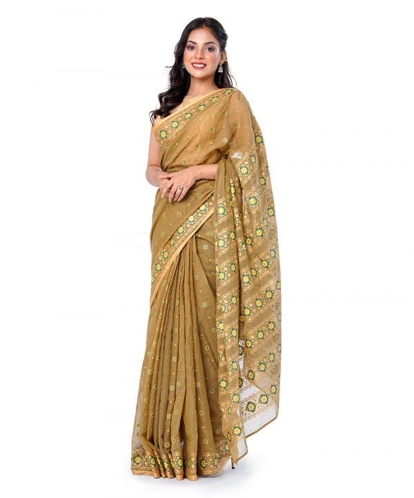 Olive Green all-over printed Saree in Cotton fabric with matching border.